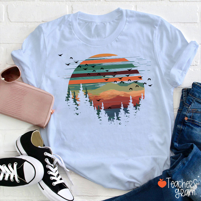 Retro Mountain Sunset Forest And Birds Teacher T-Shirt
