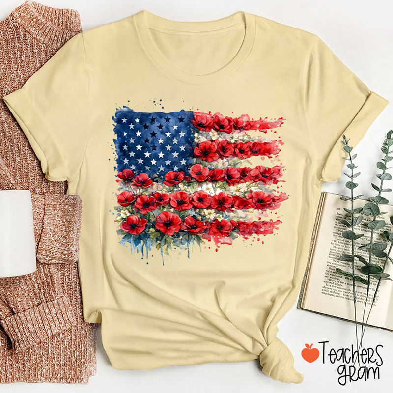 4th Of July Floral American Flag Teacher T-Shirt