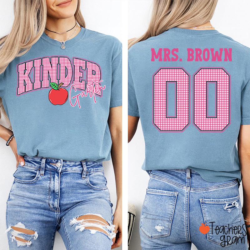 Personalized Grade And Name Checkered Letter Apple Teacher Two Sided T-Shirt