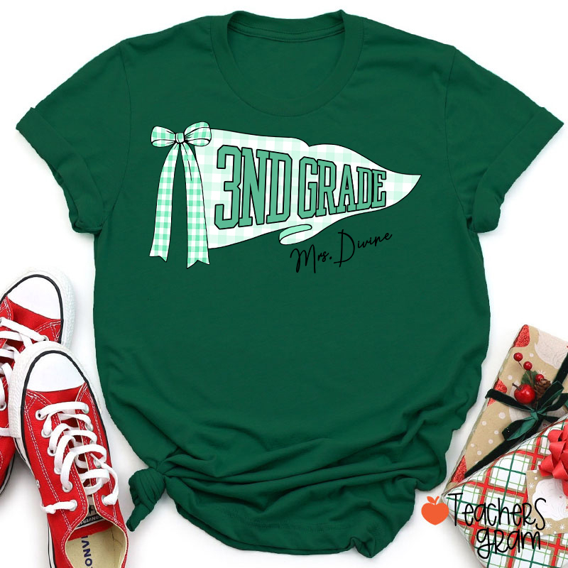 Personalized Grade And Name Gingham Bow Pennant Teacher T-Shirt