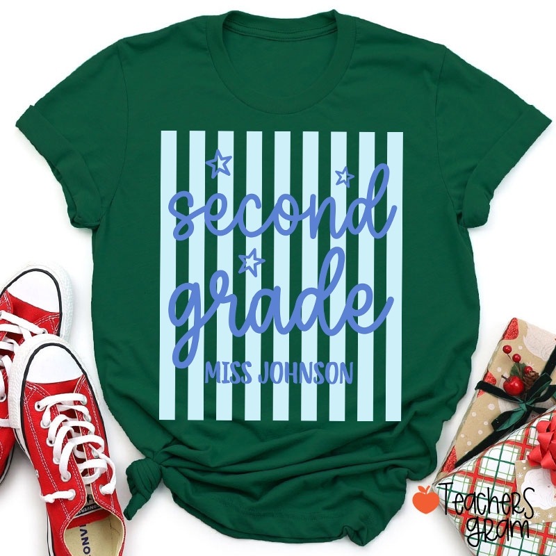 Personalized Grade Blue Gingham Stripes Teacher T-Shirt