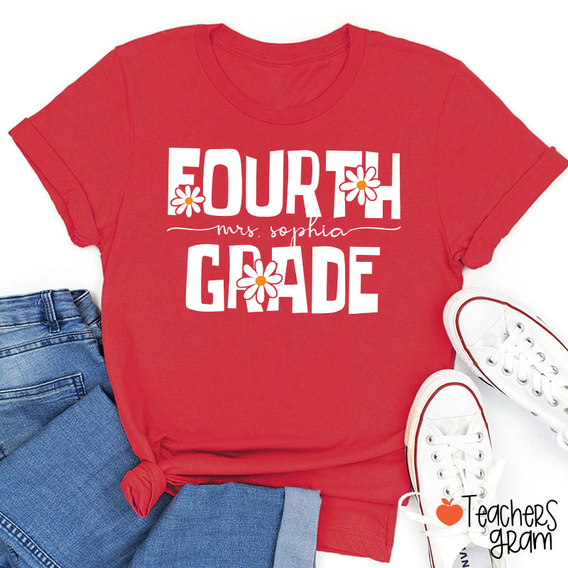 Personalized Name And Grade Daisy Floral Teacher T-Shirt