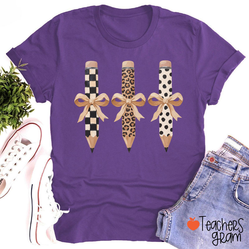 Checkerboard Leopard And Polka Dot Bow Pencil Teacher T-Shirt