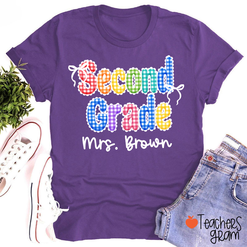 Personalized Grade Name Rainbow Gingham Teacher T-Shirt