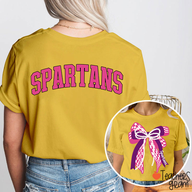 Personalized Mascot Varsity Curved Bow Theme Teacher Two Sided T-Shirt