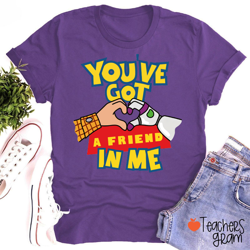 You've Got A Friend In Me Cartoon Cowboy Astronaut Hand Heart Friendship Teacher T-Shirt