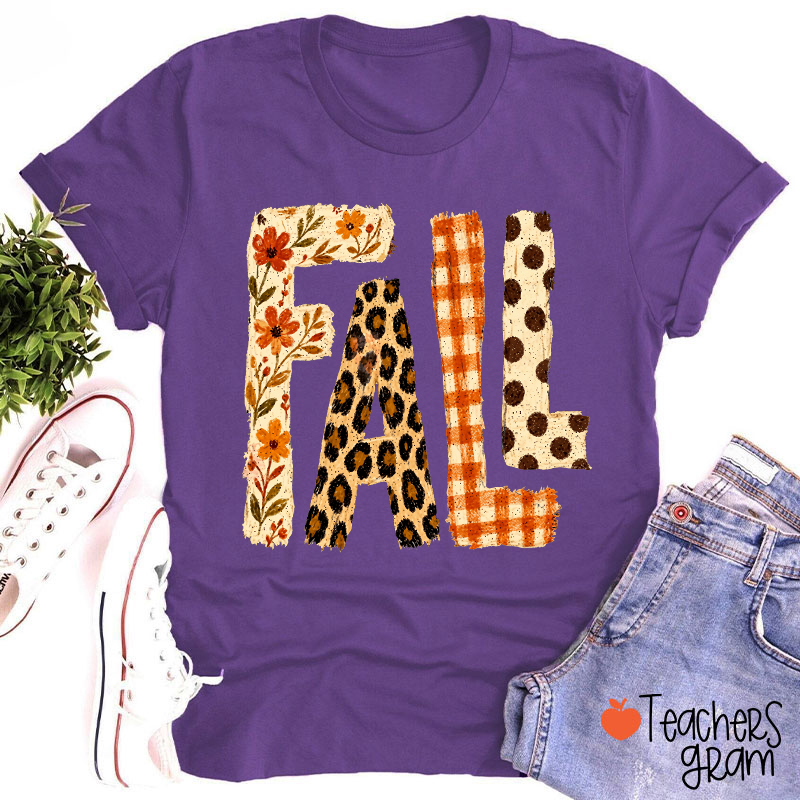 Vintage Patchwork Fall Letter Teacher T‑Shirt