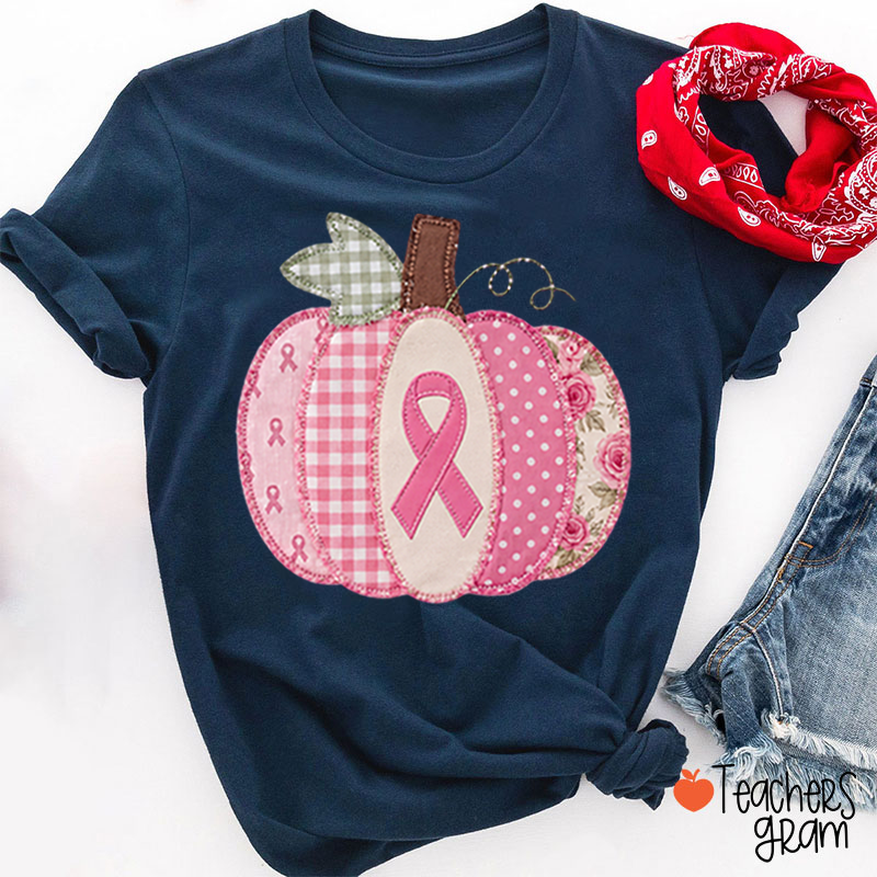 Pink Faux Patchwork Pumpkin Ribbon Teacher T‑Shirt