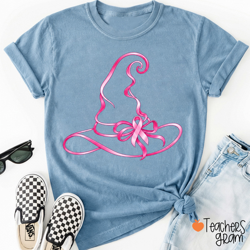 Halloween Witch Hat Pink Ribbon Breast Cancer Support Teacher T‑Shirt