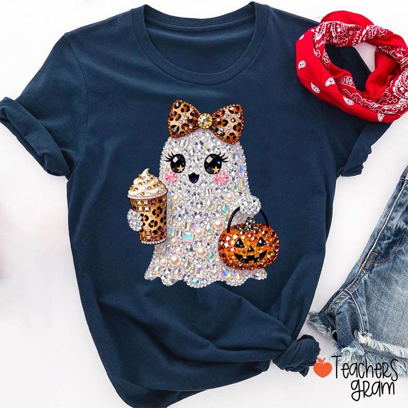 Faux Rhinestone Ghost Leopard Bow Coffee Pumpkin Teacher T-Shirt