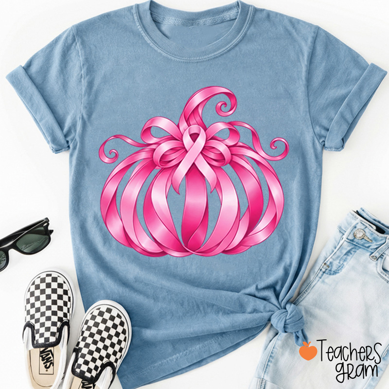 Pink Ribbon Bow Pumpkin Fall Teacher T-Shirt