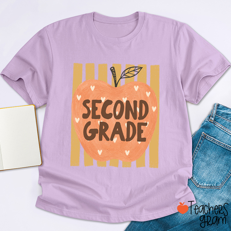 Personalized Grade Heart Apple Vertical Stripe Teacher T-Shirt