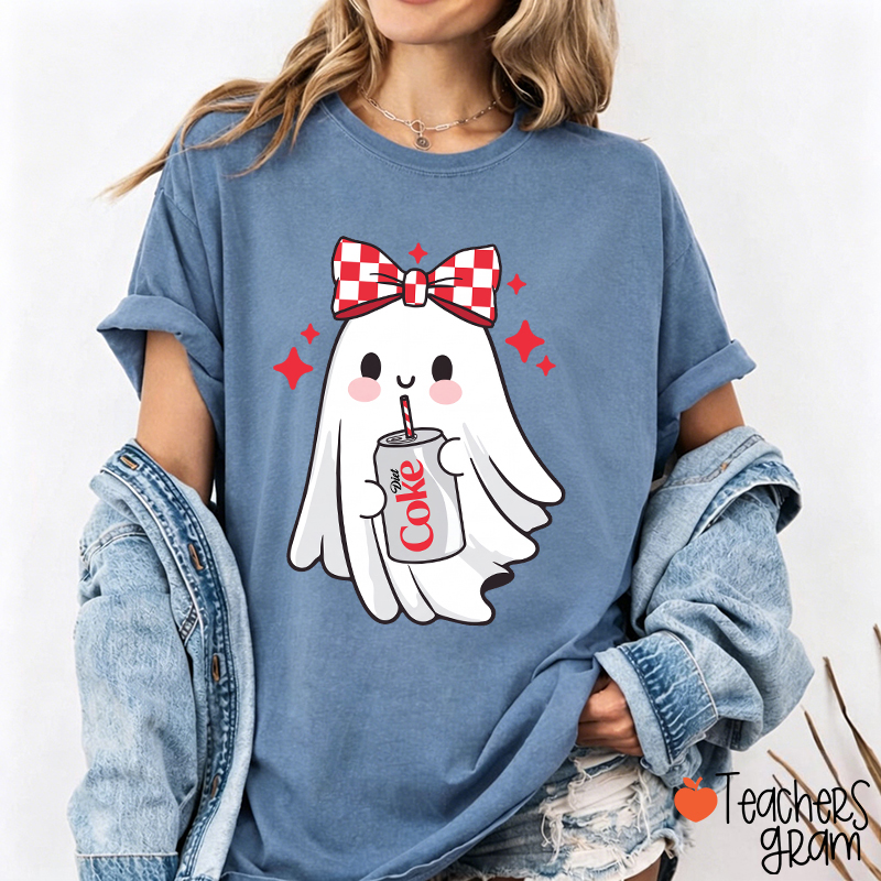 Cute Ghost With Red Checkered Bow Soda Drink Halloween Teacher T-Shirt