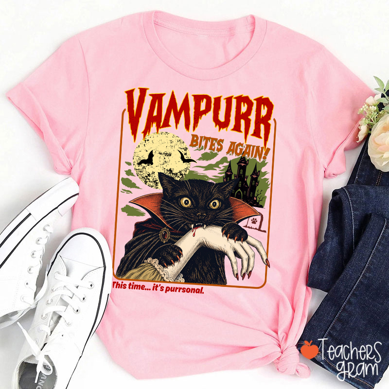 Vampurr Bites Again Vampire Black Cat Halloween Teacher T-Shirt