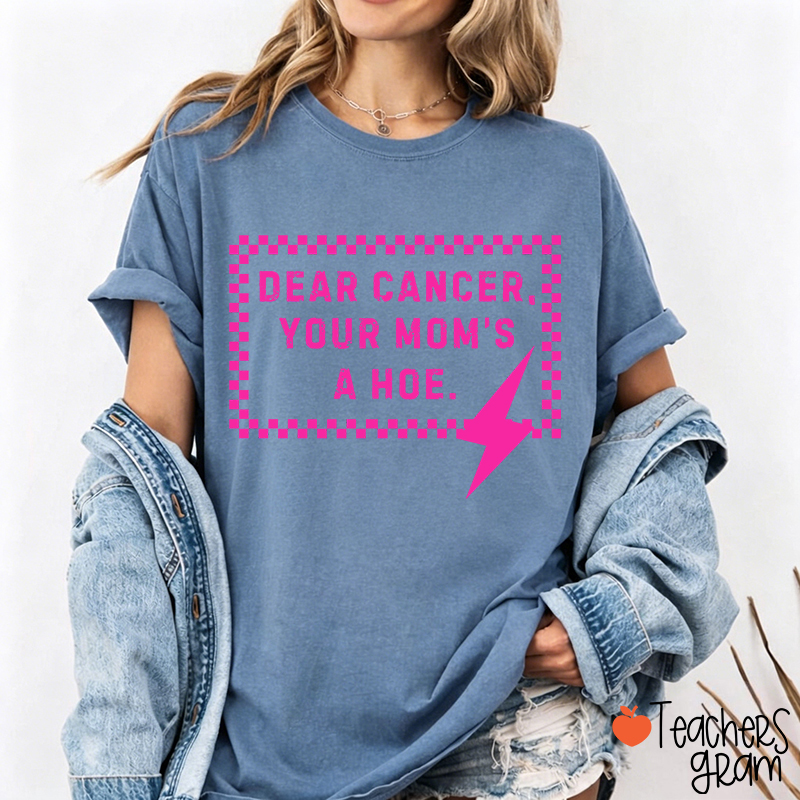 Funny Anti‑Cancer Quote Pink Checker Lightning Bolt Teacher T-Shirt