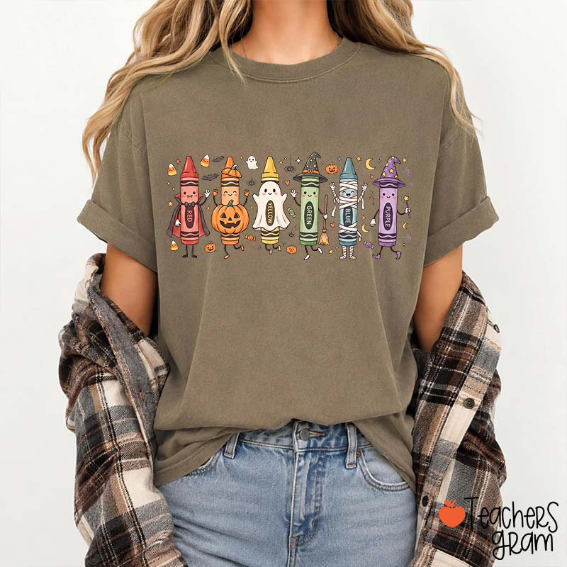 Halloween Cartoon Crayons Character Teacher T-Shirt