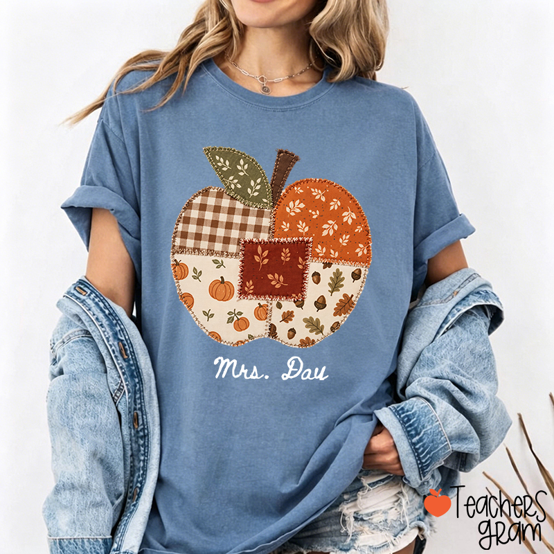 Personalized Name Faux Patchwork Punkpkin Teacher T-Shirt