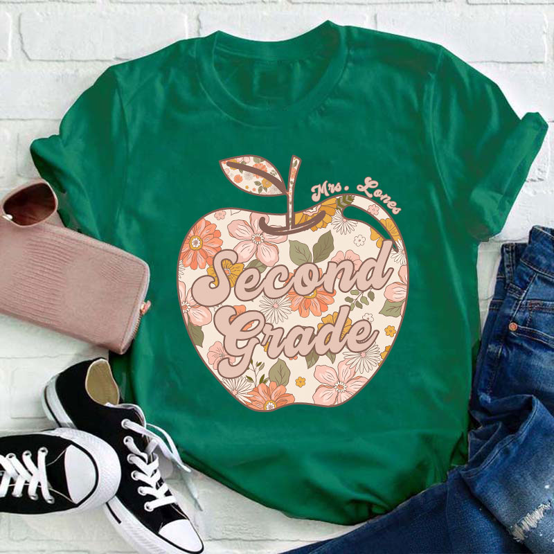 Personalized Vintage Floral Print Apple Teacher T-Shirt
