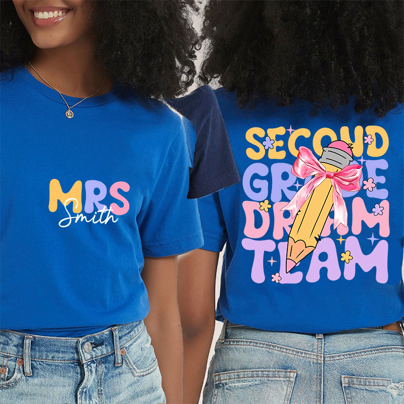Personalized Teacher's Name And Grade Bow Pencil Print Teacher Two Sided T-Shirt