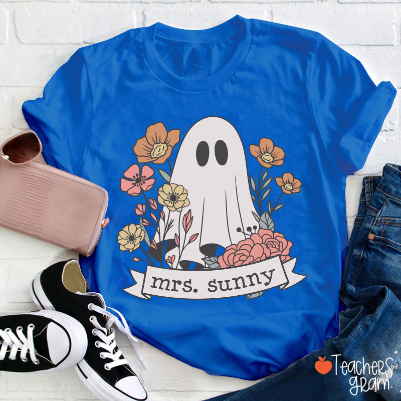Personalized Name Floral Ghost Teacher T-Shirt