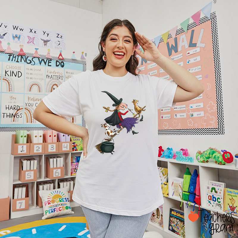 Witch Dog Cat Dark Gothic Halloween Teacher T-Shirt