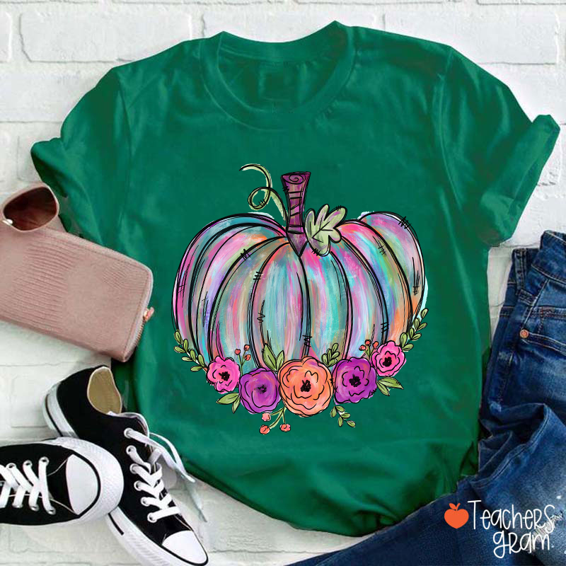 Colorful Pumpkin Watercolor Pumpkin Teacher T-Shirt