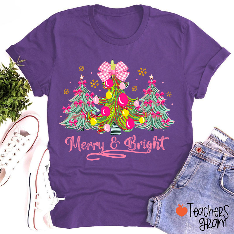 Fantasy Bow Christmas Tree Merry And Bright Christmas Teacher T-Shirt