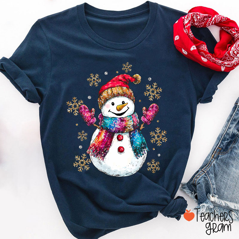 Colorful Scarves Snowman Teacher T-Shirt