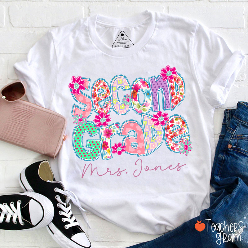 Personalized Grade Flowers Font Teacher T-Shirt