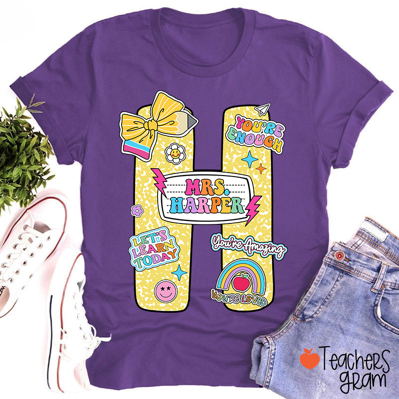 Personalized Notebook Style Letter Name Teacher T-Shirt