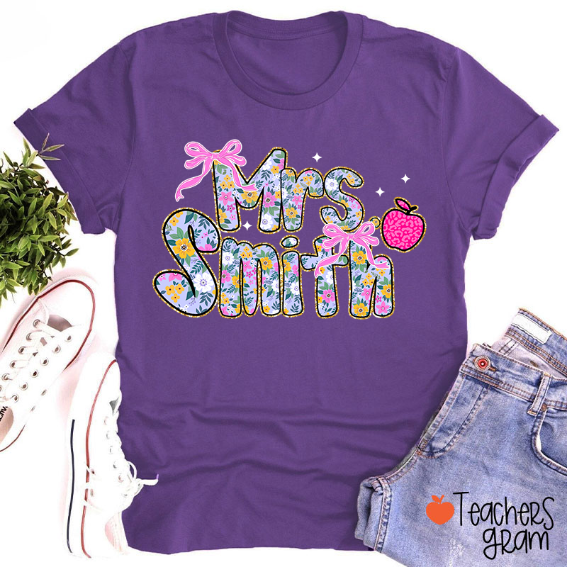 Personalized Name Apple Bow Floral Star Teacher T-Shirt