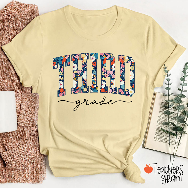 Personalized Grade Blue Floral Teacher T-Shirt