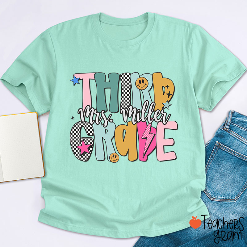 Personalized Grade Checkered Smiley Lightning Teacher T-Shirt