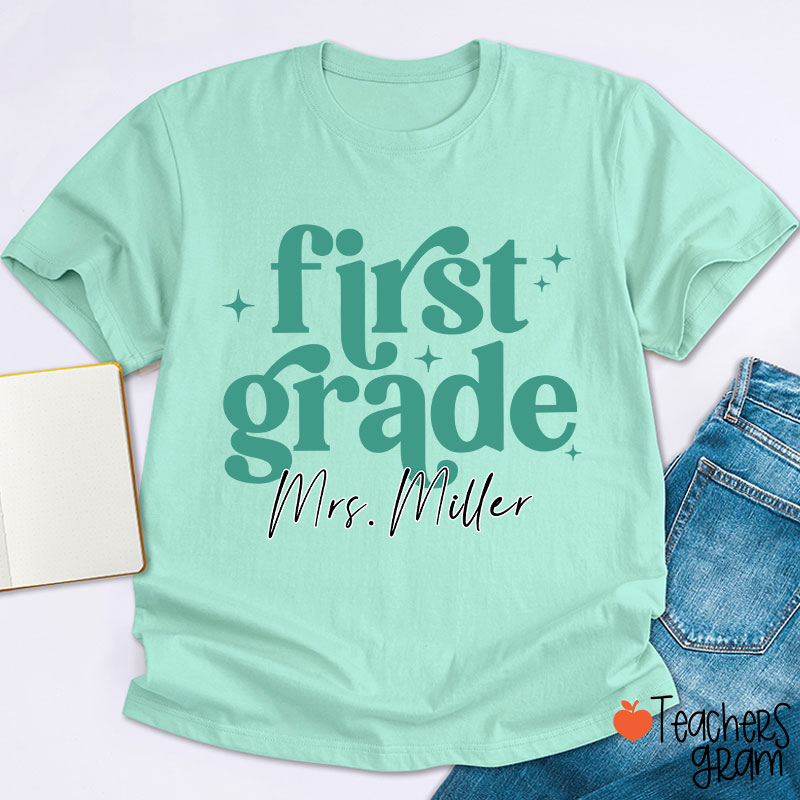 Personalized Grade Name Monochrome Stars Teacher T-Shirt
