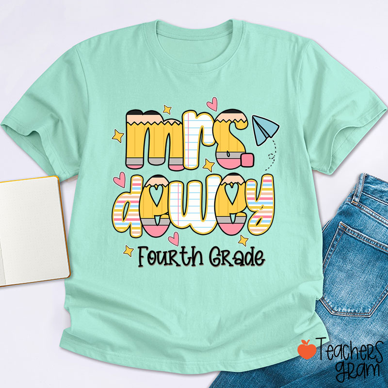 Personalized Name Grade Pencil Notebook Heart Star Paper Plane Teacher T-Shirt