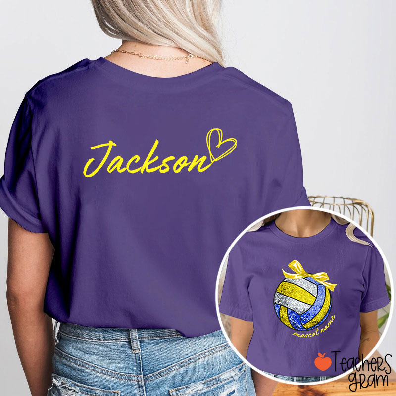 Personalized Mascot And Sport Faux Glitter Coquette Bow Teacher Two Sided T-Shirt