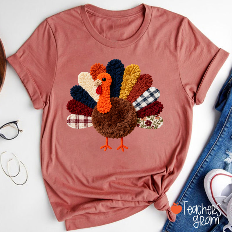 Faux Yarn Turkey Teacher T-shirt