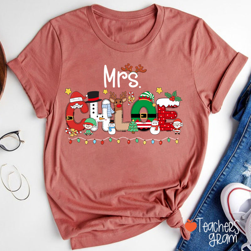 Personalized Name Christmas Lights Teacher T-Shirt