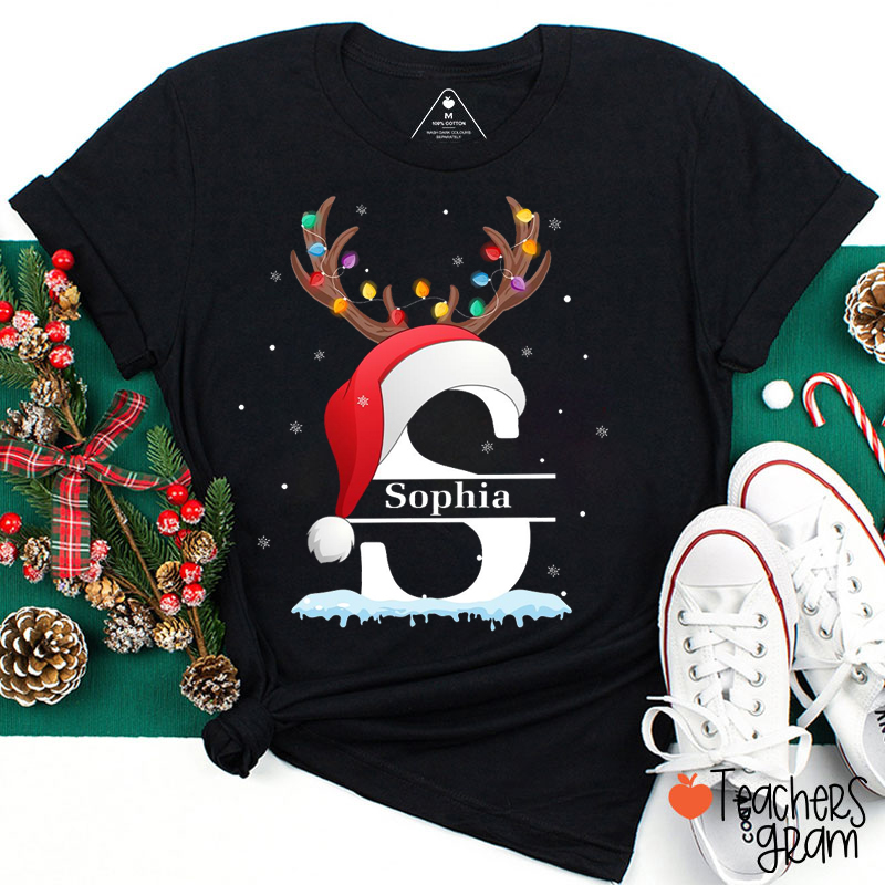 Personalized Name And Initial Reindeer Antlers Teacher T-Shirt