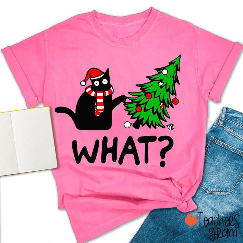 Cat Pushes Christmas Tree Teacher T-Shirt