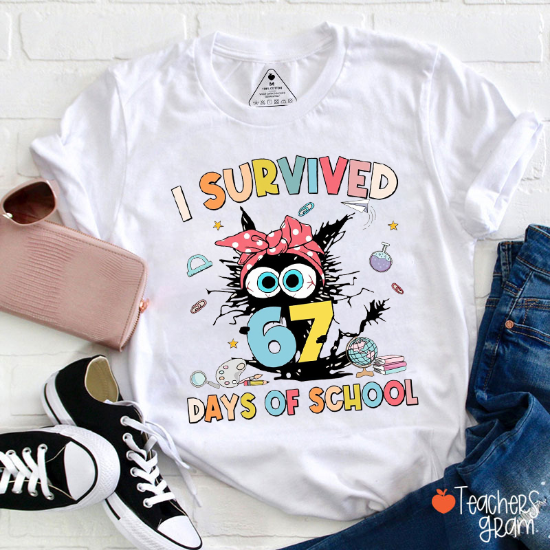 I Survived 67 Days Of School Funny Cat Teacher T-Shirt