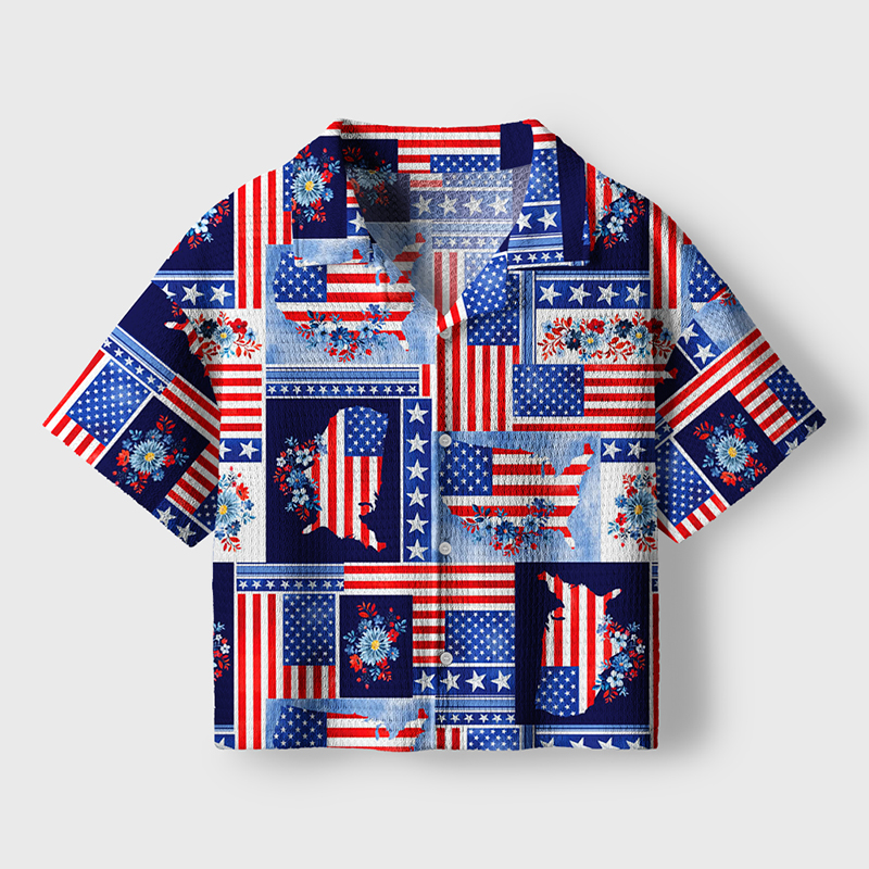 America Flag Teacher Crochet Crop Camp Shirt