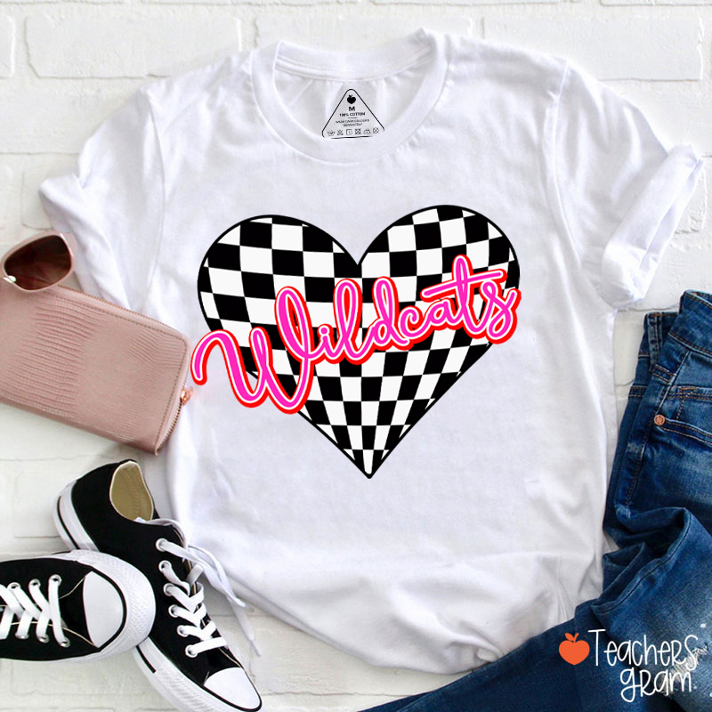 Personalized  Mascot Checkerboard Love Heart Teacher T-Shirt