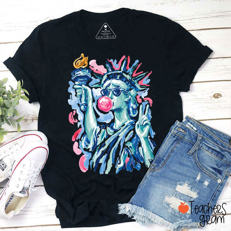 Preppy Statue Of Liberty Blowing Bubble Teacher T-Shirt