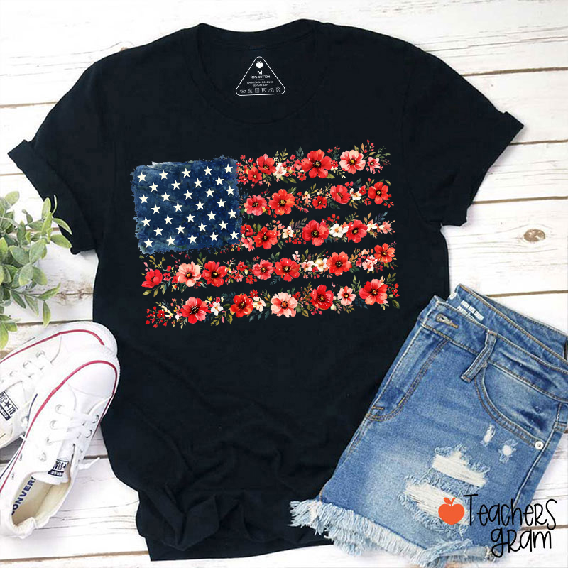 American Flag Wild Flower Teacher T-Shirt