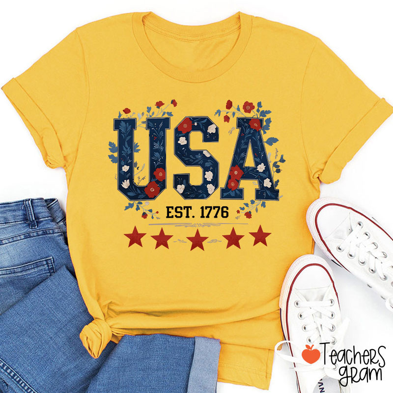 Floral USA Est 1776 Teacher T-Shirt