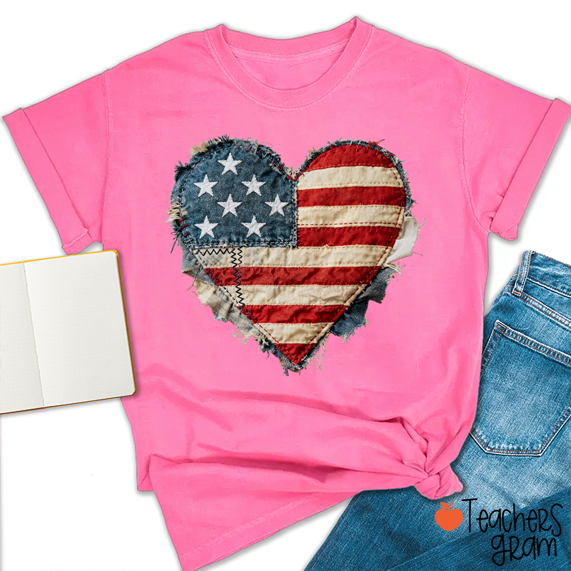 Faux Patchwork American Flag Heart Teacher T-Shirt