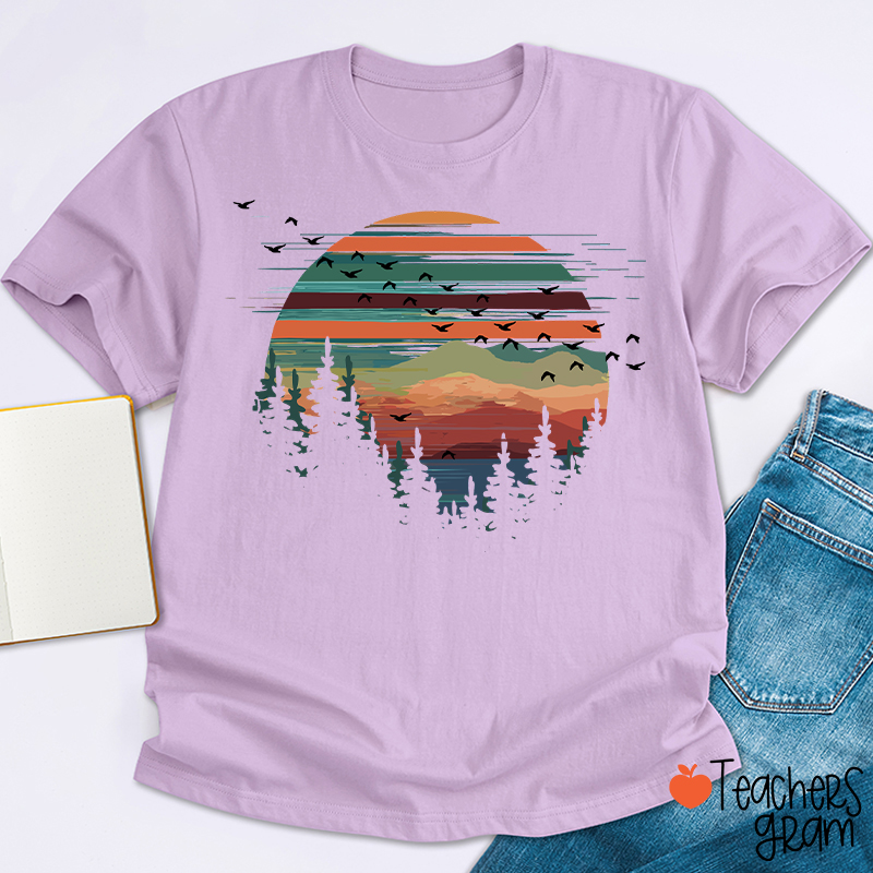 Retro Mountain Sunset Forest And Birds Teacher T-Shirt