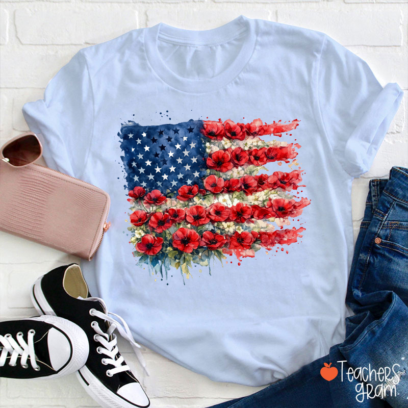 4th Of July Floral American Flag Teacher T-Shirt