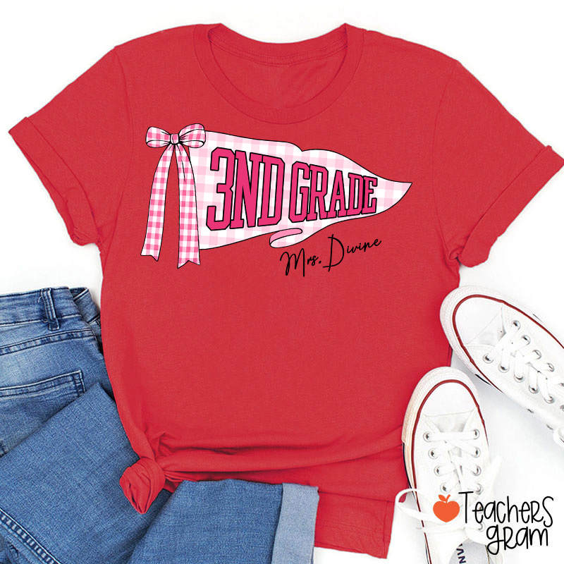 Personalized Grade And Name Gingham Bow Pennant Teacher T-Shirt